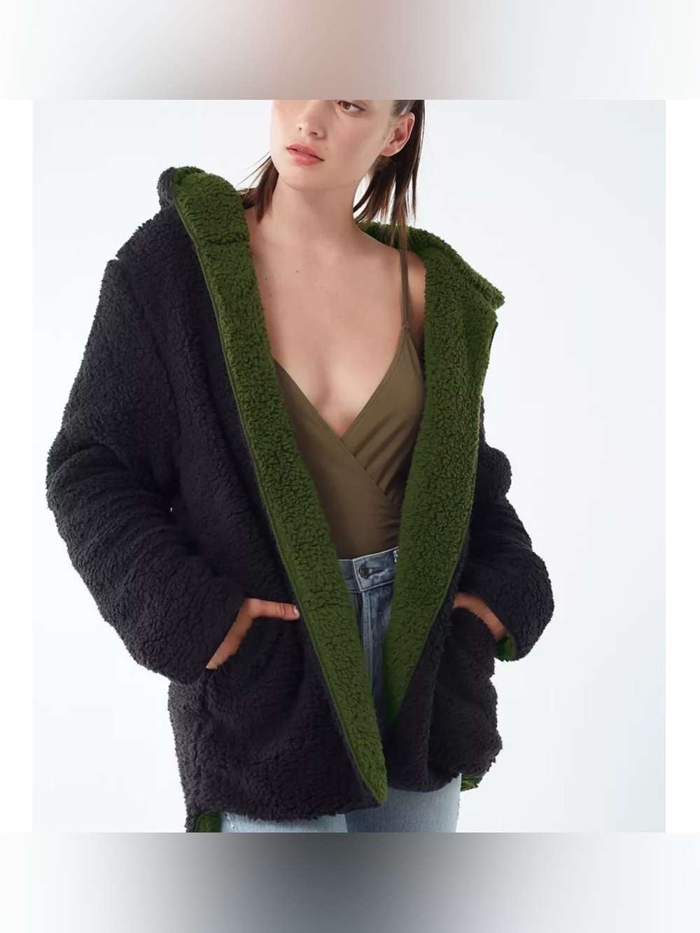 UO CARMELLA COZY REVERSIBLE COZY TEDDY FLEECE COAT NEW NWT IVORY COLOR SZ: LG